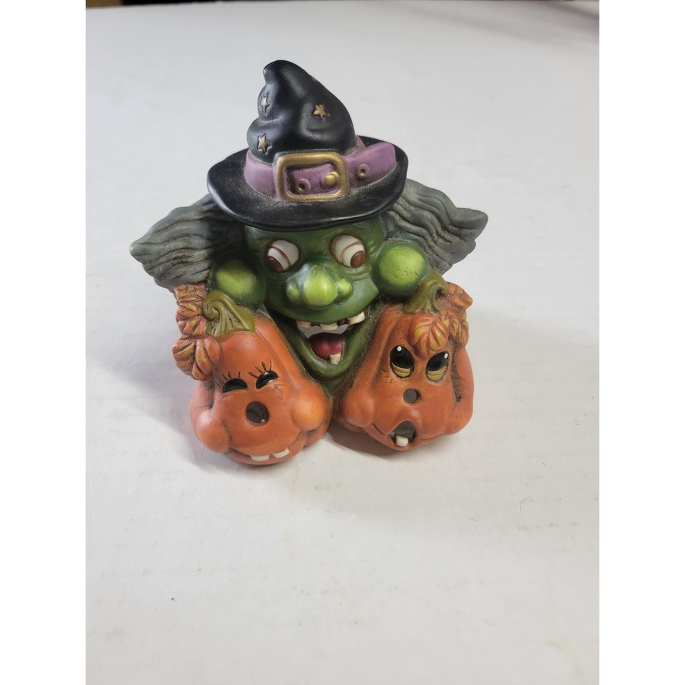 Vintage Style Ceramic Green Witch with‎ Pumpkins Halloween Tea Light Holder